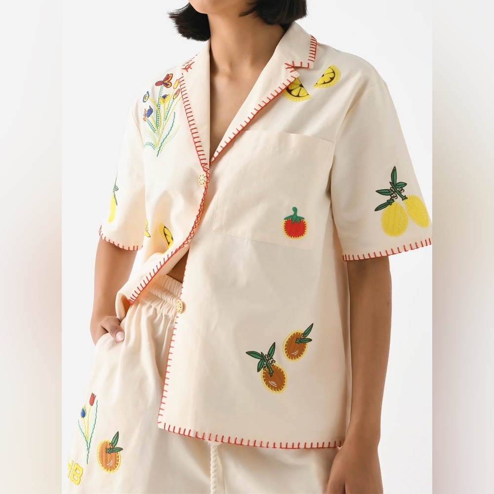 Hunter Bell Embroidered Cream Polly camp Shirt - Picture 2 of 11